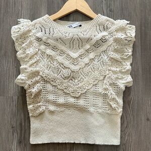 Zara Pointelle Ruffle Knit Short Sleeve Sweater Top Small